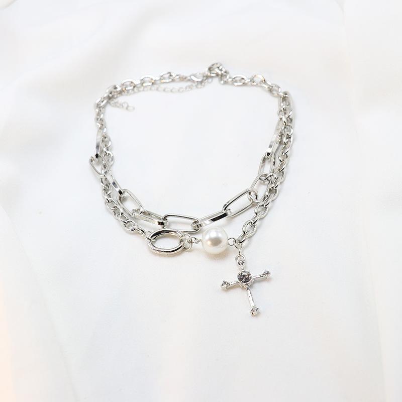 Tooxika Diamonds Cross Double Stacked Band Necklace Women Cold Wind Necklace Fashion Collarbone Chain