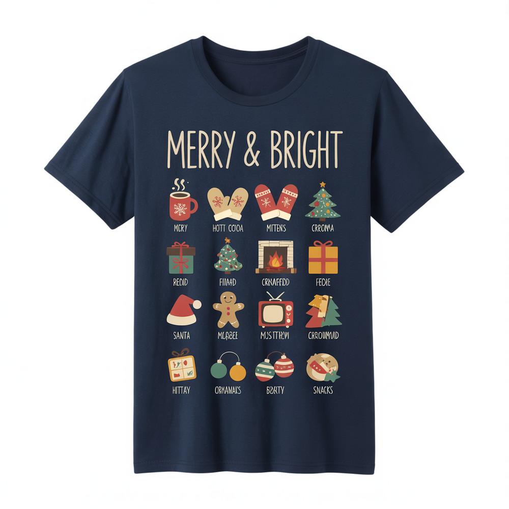 

Merry amp; Bright Holiday Spirit Icons Illustrated Christmas Tee Unisex T-Shirt S