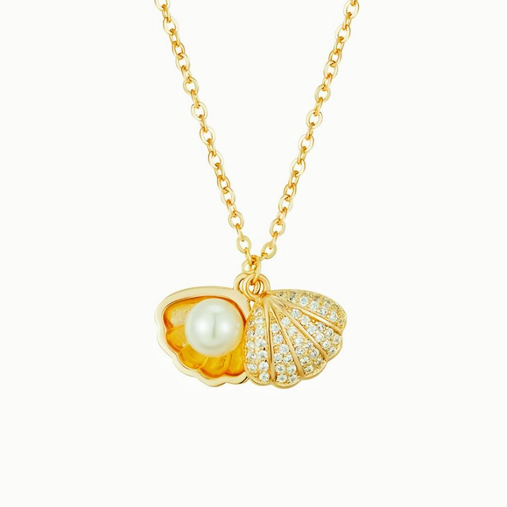 Meilong Shell Pearl Pendant Luxury Zircon Necklace for Women, Gold Electroplated.
