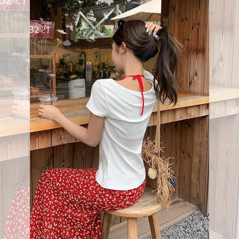 Korean Bow Embroidery Design Short-sleeved T-shirt Women's Summer New Slim and Thin Off-the-shoulder Top