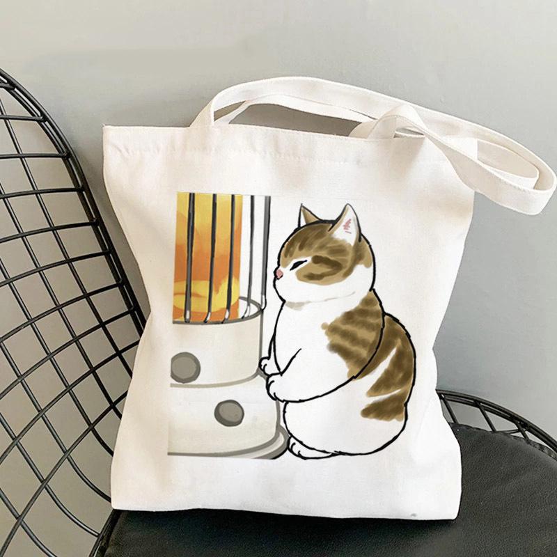 Whimsical Cat On Bicycle Canvas Shoulder Tote - Cute Print for Students and Shopping