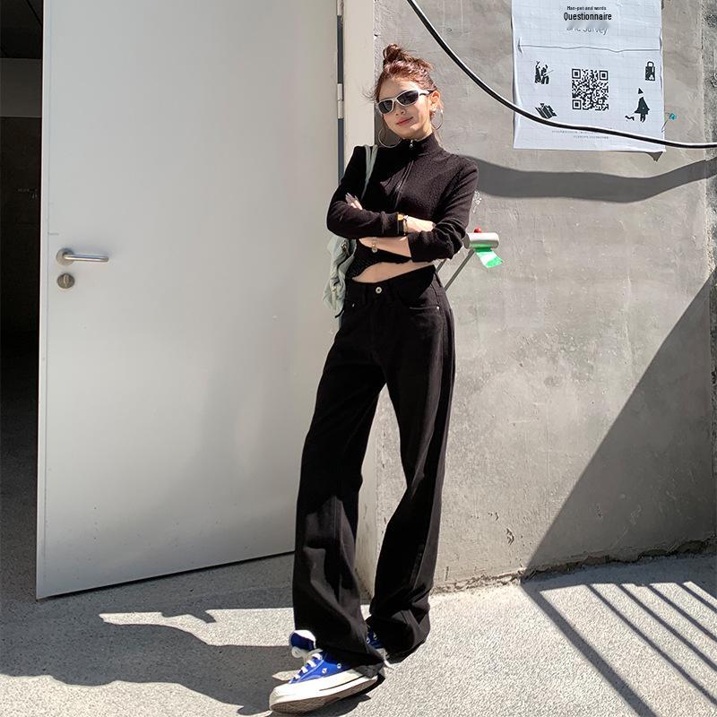 Calças de Jeans Micro-Flare Preto de Cintura Alta Femininas 2025 - Outono Modelador Ajuste Solto, Calças Versáteis Drapeadas até o Chão