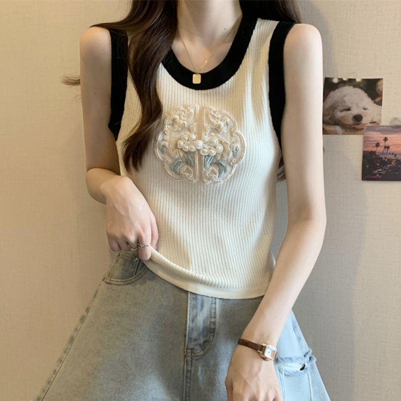 Women's Summer Ice Silk Camisole Vest - National Style Embroidered Knit Top