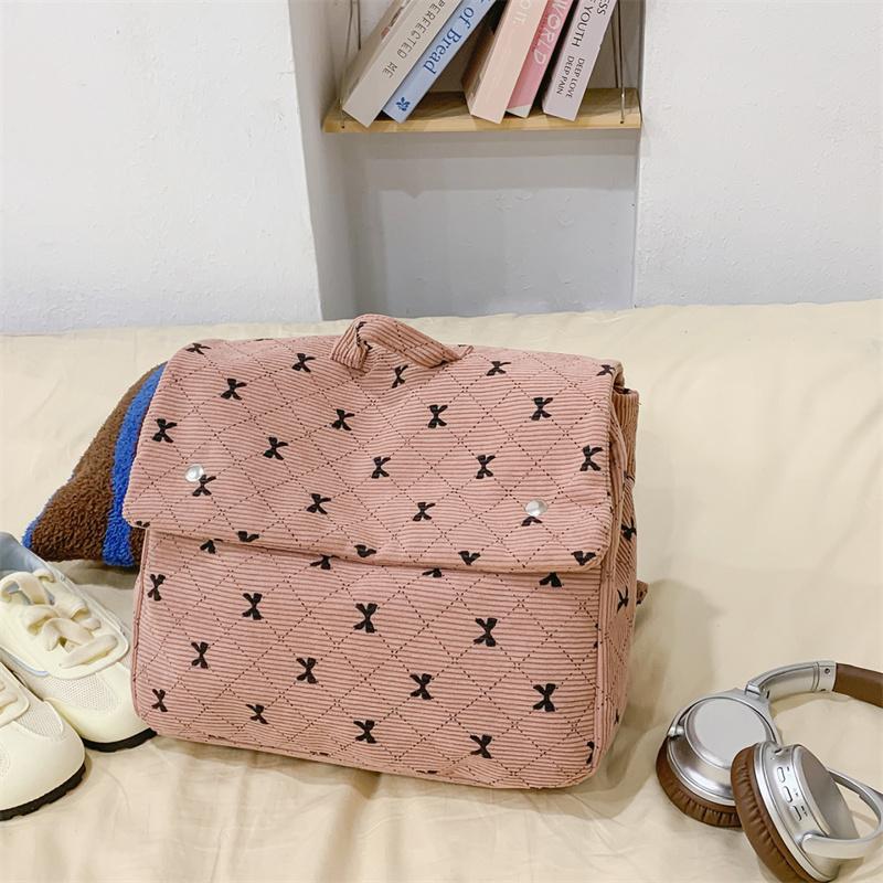 Vintage Corduroy Backpack Women's Bow Print Large Capacity Backpack