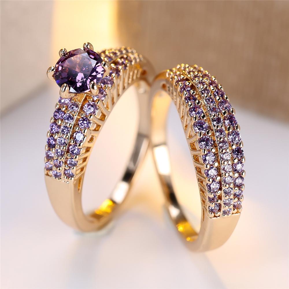 Crystal Female Purple Black Blue Zircon Round Stone Ring Set Vintage Gold Color Bridal Wedding Jewelry For Women