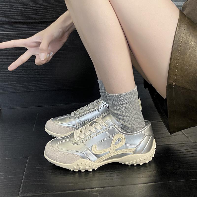 2025 Autumn New Silver Leather Versatile German Training Shoes Women's Casual Forrest Gump Shoes Trend Shoes