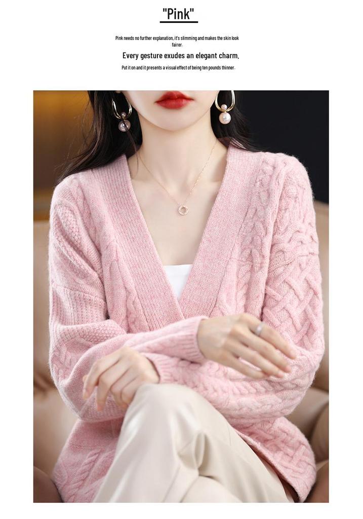 Stylish Retro V-neck 100% Pure Wool Cable Knit Cardigan Sweater