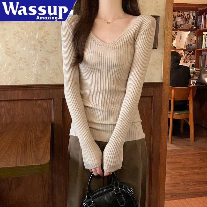 WASSUP AMAZING Women's V-Neck Slim Fit Knit Sweater