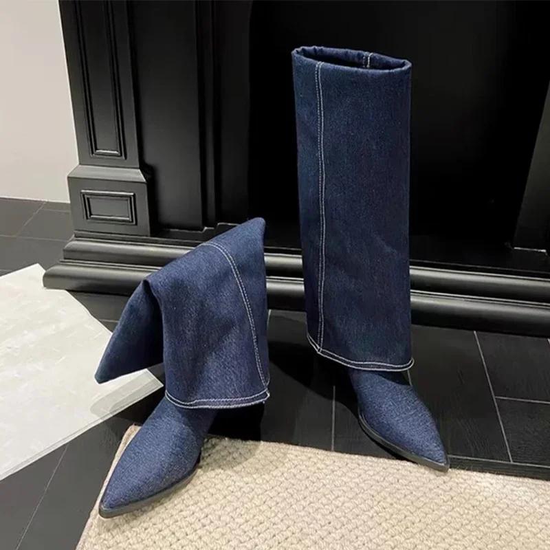 Fashion Women Chunky High Boots Pointed Toe Shoes Sexy Lady Dress Gladiator Autumn New 2024 Trend Retro Fad Woman Boots Goth Botas Mujer