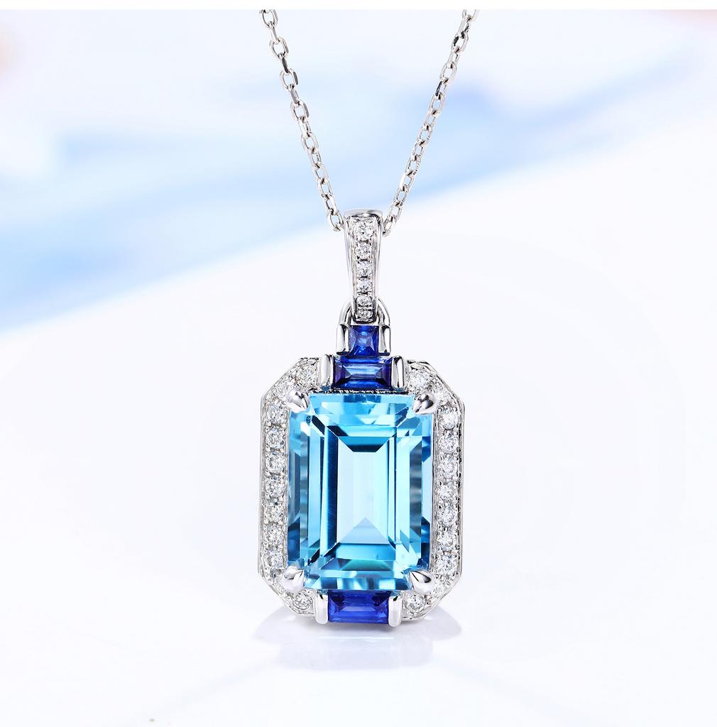 Light Luxury High-End Jewelry Simulation Topaz Aquamarine Ring Pendant Temperament Princess Square Diamond Colorful Treasure Set