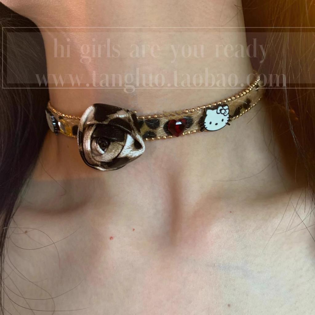Sweet And Spicy Bud Choker Collar Female Coffee Leopard Print Autumn And Winter Plush Collarbone Chain Female Versatile Subculture Neck Chain Tide