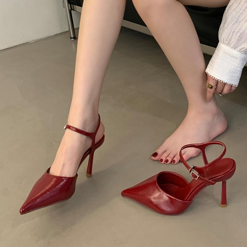 Fashion Liyke Summer Fashion Stiletto Sandal Women Ankle Strap Pumps Elegant Pointed Toe Red High Heels Wedding Prom Shoes Zapatos Mujer