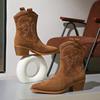 Women's Genuine Leather Pointed Toe Cowboy Boots Handmade Western Retro Short Ankle Boots Spike Heel Autumn Winter