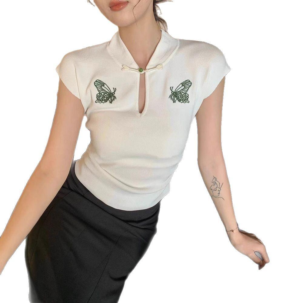 Tricou de damă slim fit retro chinezesc cu broderie fluture, gât înalt, mânecă scurtă