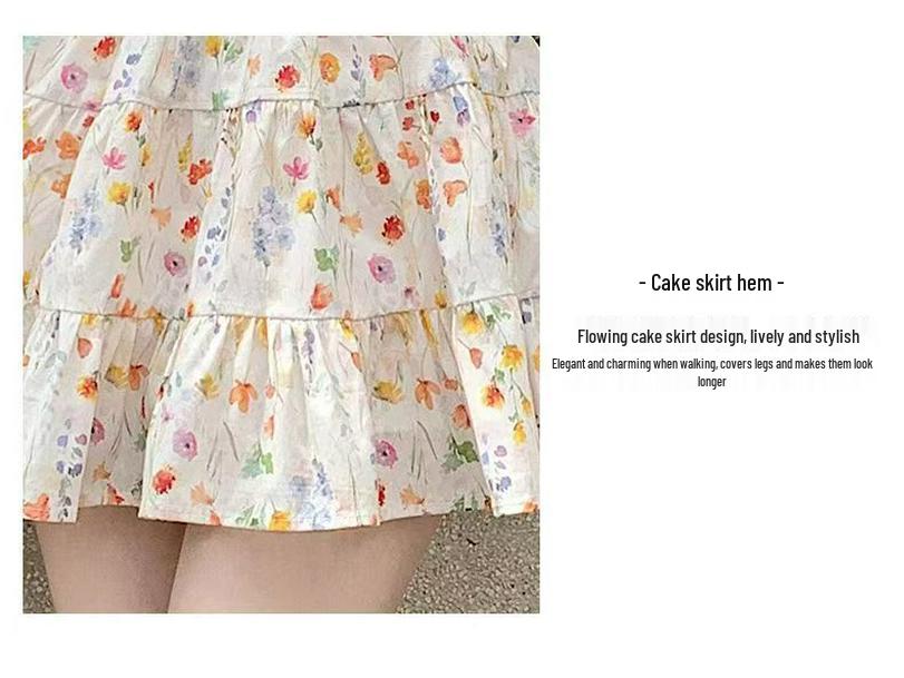 Women's Floral Print A-Line Mini Skirt - Summer High Waist, Slimming Korean Style, Sweet Pleated, Petite Layered Cake Design