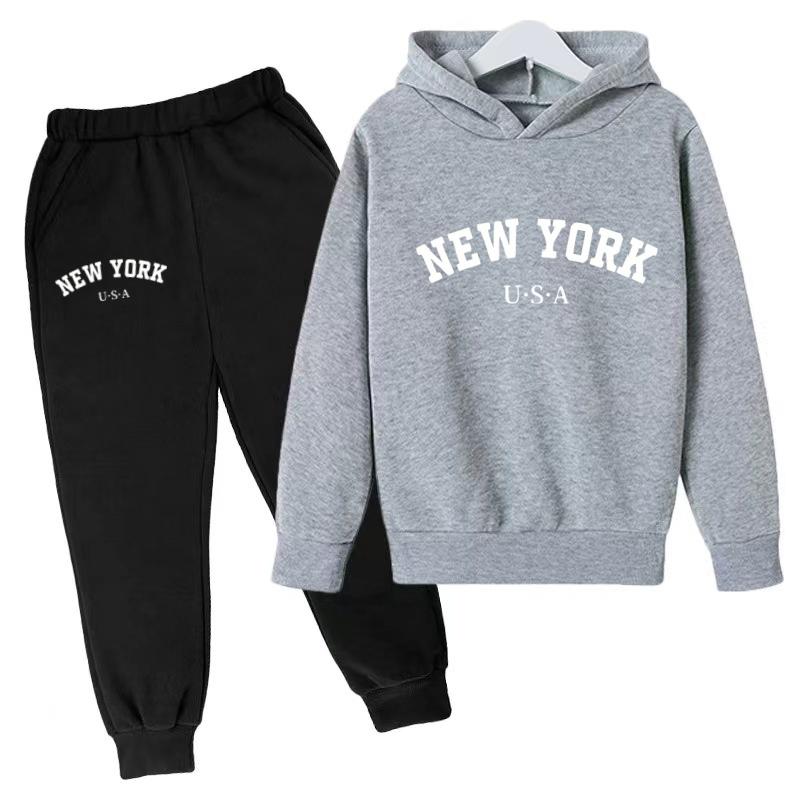 Kids Fashion Hoodie Boy Girl Toddler Pullover 3-12Years NEW YORK USA Letter Print Clothes Casual Top+Trousers 2P Coat Sports Set