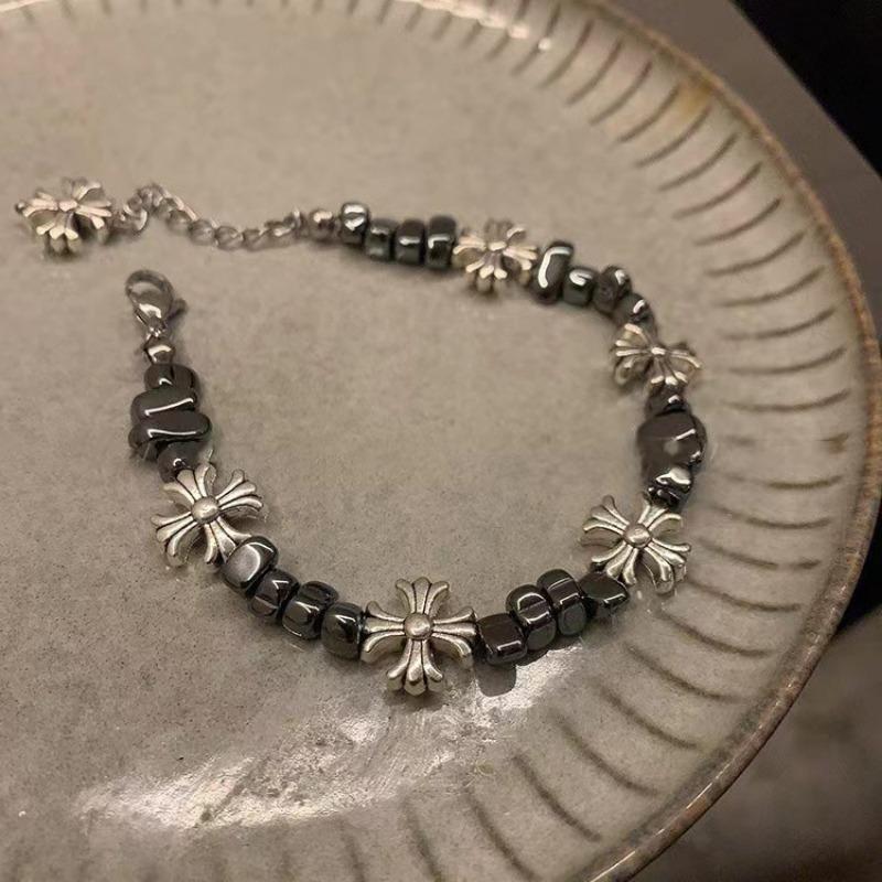Retro Broken Silver Cross Flower Spliced Couple Bracelet Hip Hop Jewelry