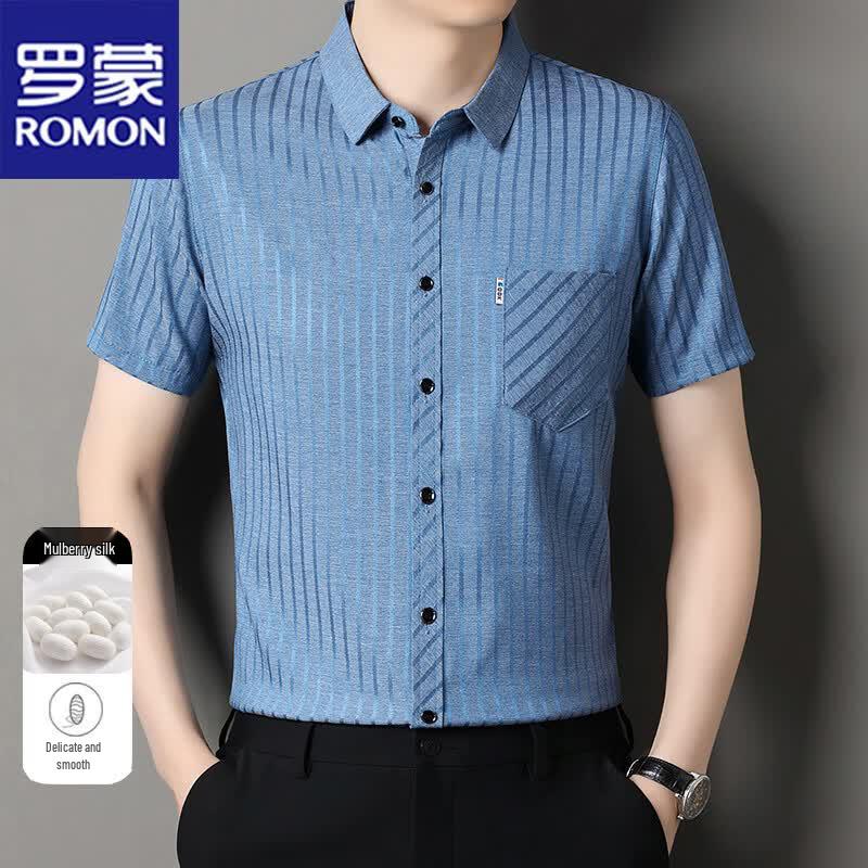 ROMON Men s Summer Striped Short Sleeve Business Casual Shirt L