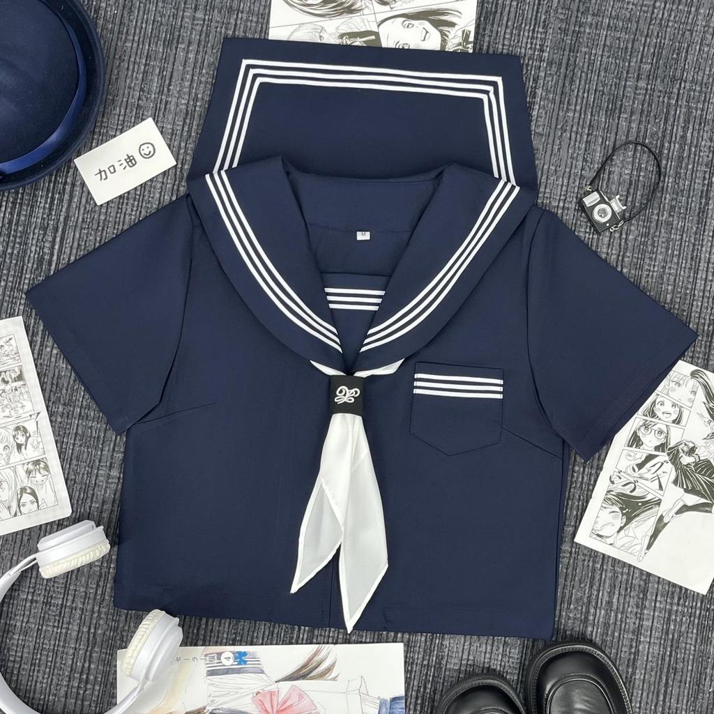 Original JK Navy Three-Line Sailor Uniform: Authentic Japanese Academy-Style Student Mid-Length Uniform