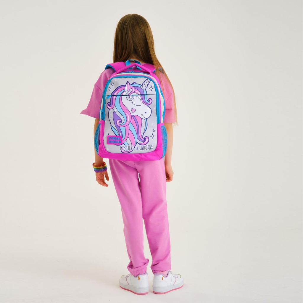 Coral High Kids Rosa Silber Glitzer Einhorn gemusterter Schulrucksack mit drei Fächern 14383
