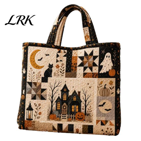 Geräumige Aufbewahrungstasche für das Nötigste Halloween Gesteppte Tragetasche, Kürbis Geist Katze Aufdruck Schulter Strapazierfähig Buch Leicht Polyester Wiederverwendbare Handtasche
