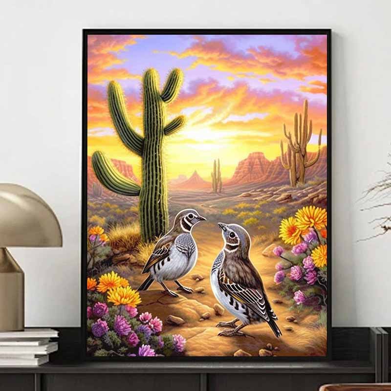 New Arrival 5D DIY Full Circle Diamond Painting "Desert Cactus and Birds" Embroidery Cross Stitch Home Decor Gift