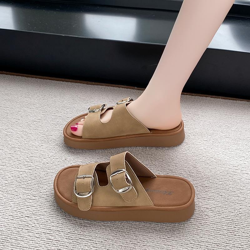 Fashion Flat Platform Slippers Sandals Summer New Round Toe Metal Buckle Outside Wear Heightened Casual Non-slip One-word Beach