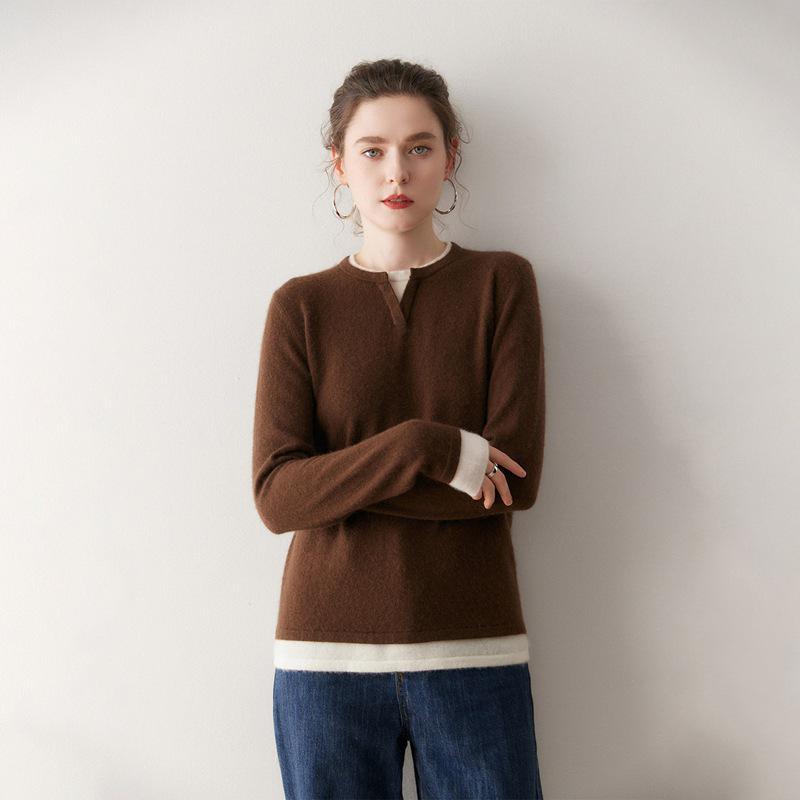 Korean Style Color Block Women's Cashmere Knit Patchwork Top - Fake Two-Piece, Round Neck, Long Sleeve