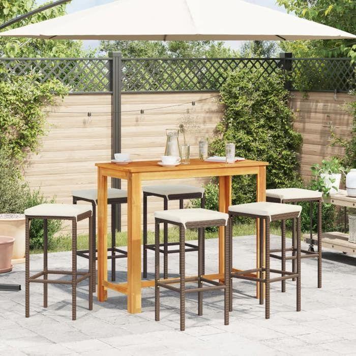 VidaXL Ensemble de bar de jardin 7 pcs marron bois massif acacia rotin, table et chaises de bar d'extérieur, ensemble de 3295285