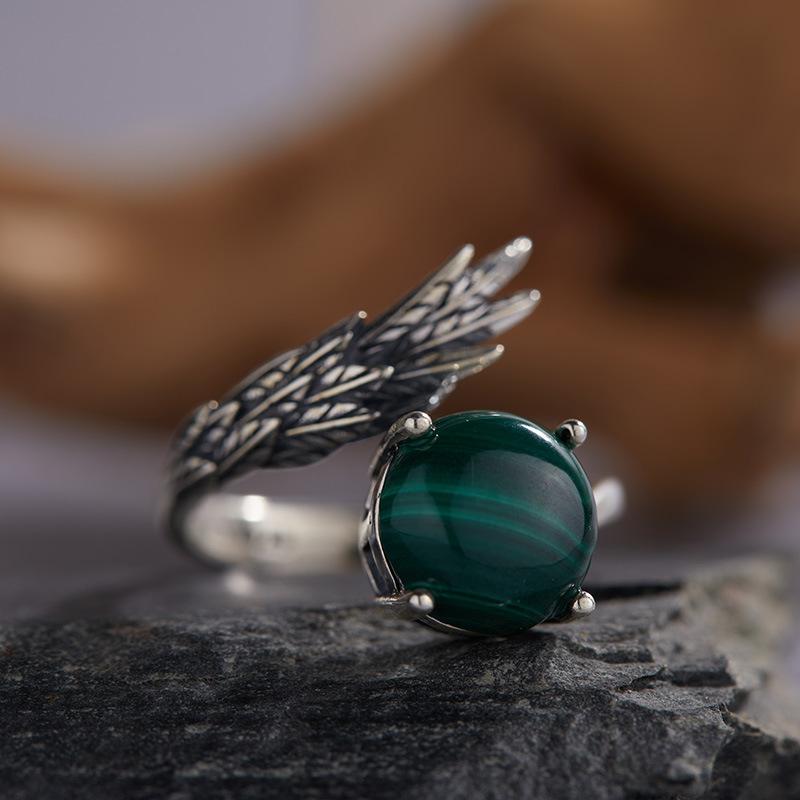 

S925 Sterling Silver Natural Malachite Blue Gold White Agate Color Baotai Silver Ring Women S Niche Feather Design Open Ring