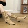 2025 Fashion Pointed Heel Suede French Skinny Short Boots Fashion Buckle Medium Tube Folds Pile Boots Black Women