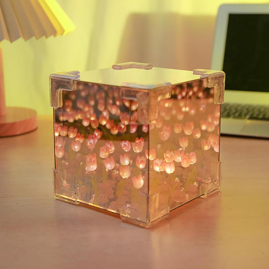 Keeda Finished Cube Tulip Mirror Lamp LED Handmade Simulated Tulip Table Lamp DIY Creative Magic Cube Mirror Night Light Tulip Lamp for Valentines