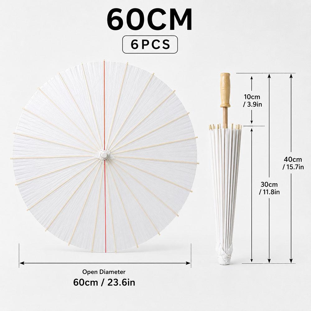 6PCS White Umbrella Paper Parasol 40/60/80cm Chinese Paper Umbrellas Photography Props Summer Whites Party Wedding Baby Shower
