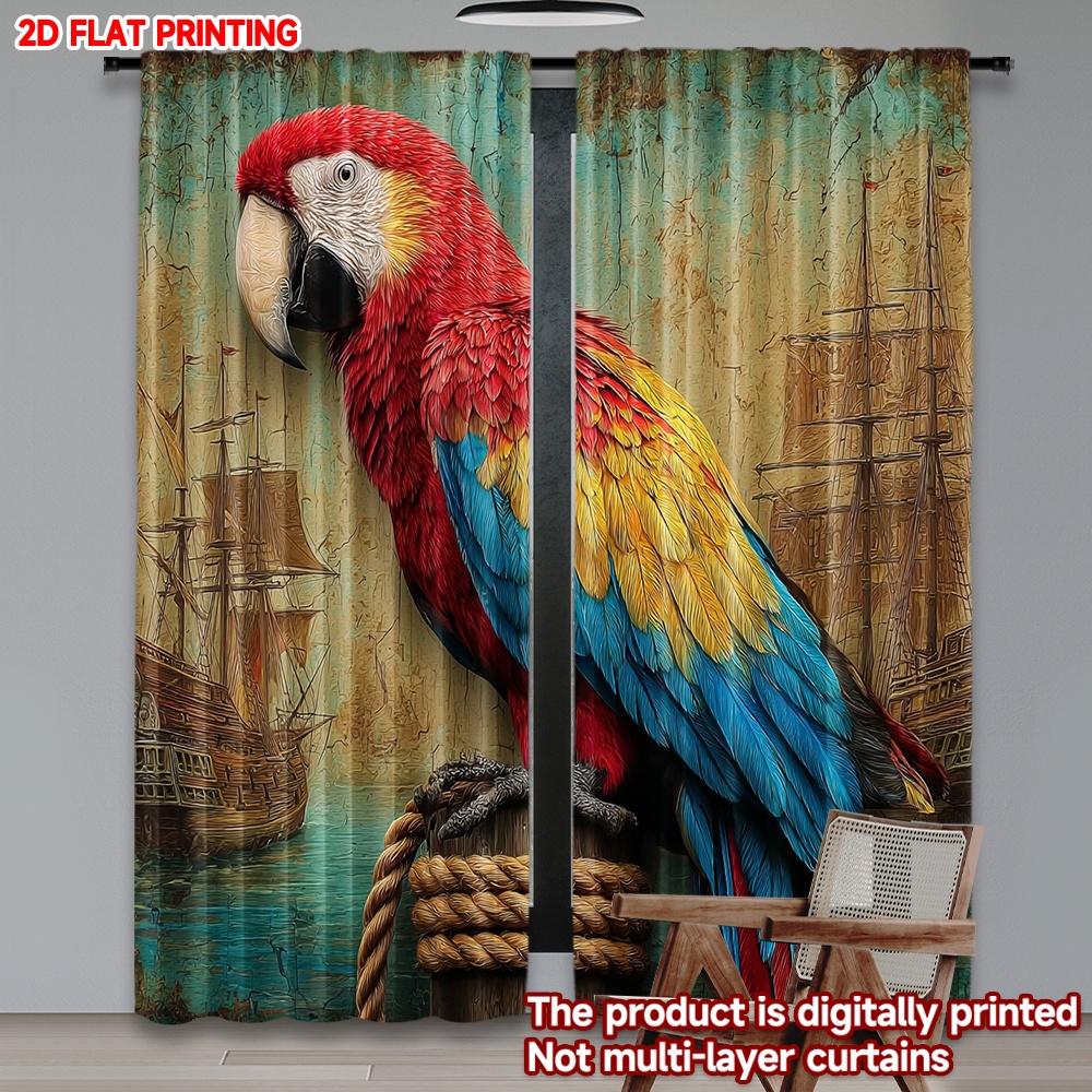 

Set Of 2 Flat Printing Happy Valentine Day Window Treatment Curtains Treasure Parrot Digital Printed Polyester Drapes Birthday Made W100*H70(CM)-Hooks&2PCS