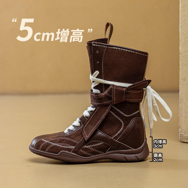 Retro Boxing Boots Inner Height Increasing Suede Maillard Fashion Medium Boots Women's Sports Outdoor Boots Autumn
