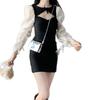 Women's Spicy Lace-up Puff Sleeve Patchwork Dress - Spring/Autumn Slim Fit Short Skirt