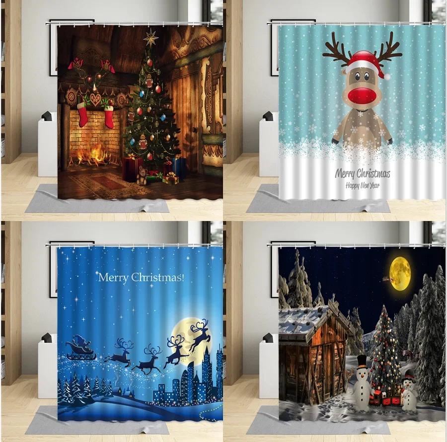 Merry Christmas Shower Curtain Xmas Tree Socks Elk Wooden House Snowman Winter Festival Decor Wall Cloth Bathroom Curtains Sets
