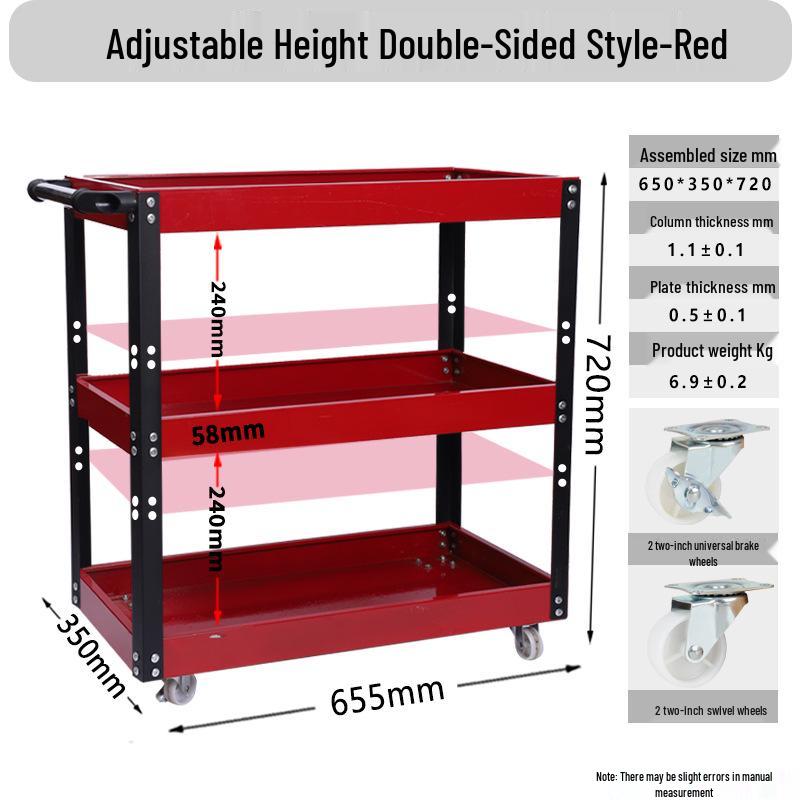 Adjustable 3-Tier Hand-Push Tool Cart for Auto Repair - Multi-Functional Mobile Workshop Storage.