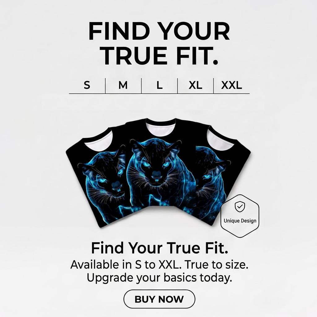 Neon Blue Panther 3D All Over Print Men's Crew Neck T-Shirt