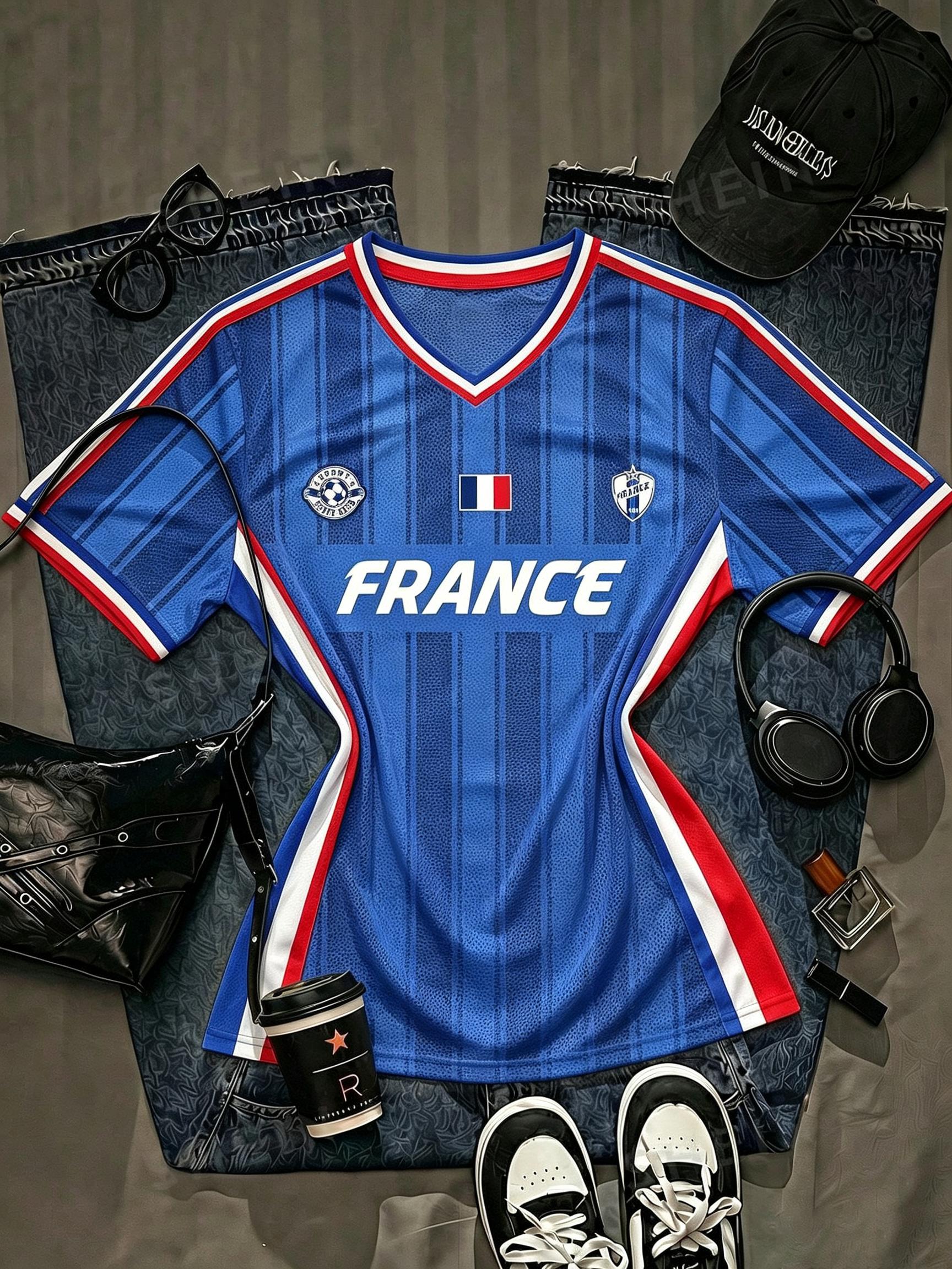 V-Neck France National Football Team Jersey Top, Contrast Collar And Cuff Stripes, 2026 Football Sports Fashion Match Day Football Street Style Top XXS