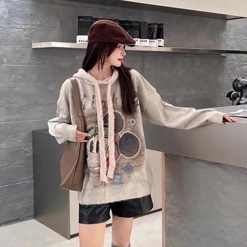 2024 A/W Rhinestone Mickey Hoodie Sweater - Women's Loose Knit Top in Versatile Lazy Style