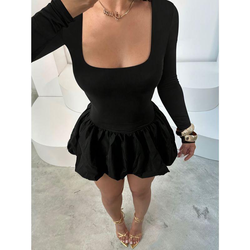 

Весна, Осень и Зима Мода Новое поступление Однотонное Темперамент Квадратный воротник Женское Приталенное Мини-платье с длинными рукавами Элегантность Европейская станция Black XL