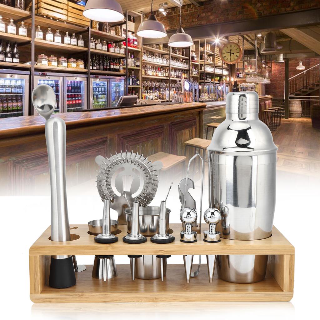 16Pcs 304 Edelstahl Cocktail Shaker Bar Set Wein Trinken Mixer mit Bambus Stehen