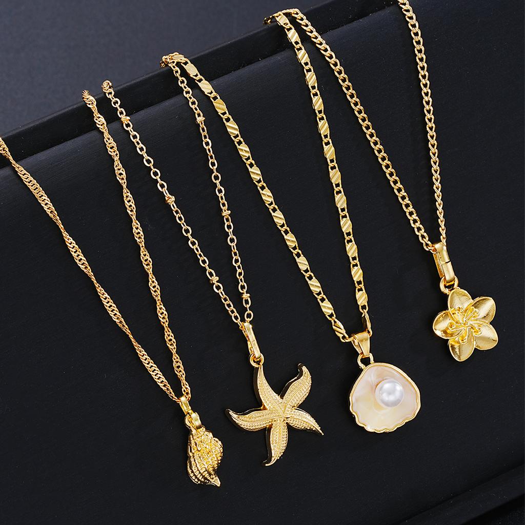 4Pcs/Set Shiny Shell Starfish Conch Flower Necklaces for Women Simple Imitation Pearl Gold Color Pendant Necklace Female Jewelry