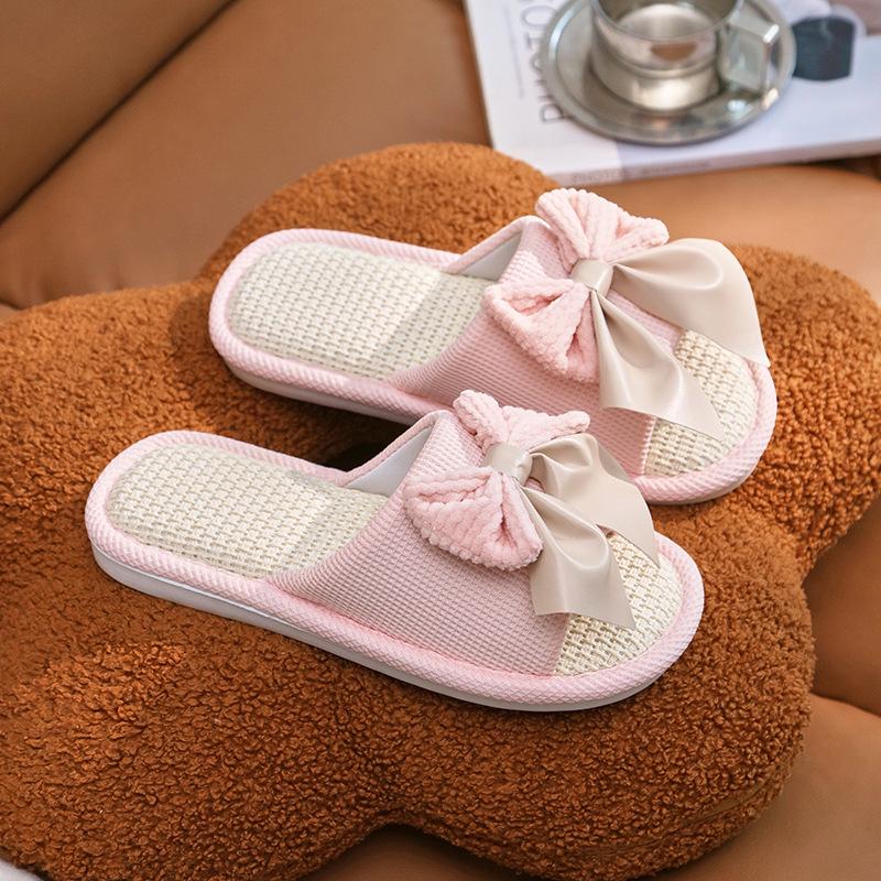 

Nest good bow linen slippers women s new four seasons home interior floor non-slip cotton and linen slippers 40-41