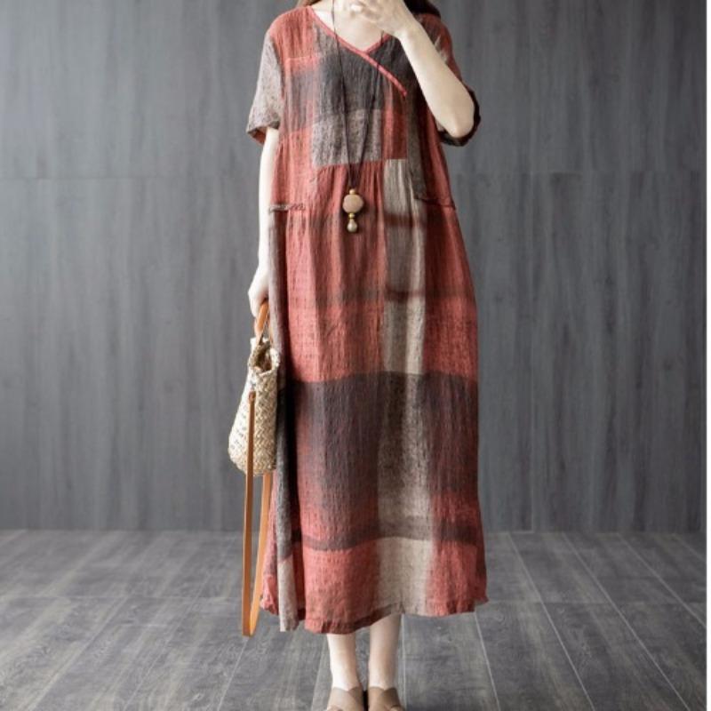 Summer Retro Loose Women's Cotton and Linen Plaid Dress