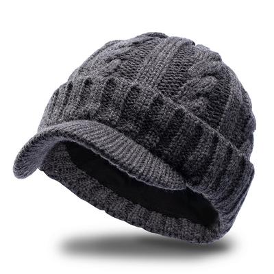 New Knitted Hat with Visor for Men Beanie Lined Winter Cap Middle-aged and Elderly Warm Big Head