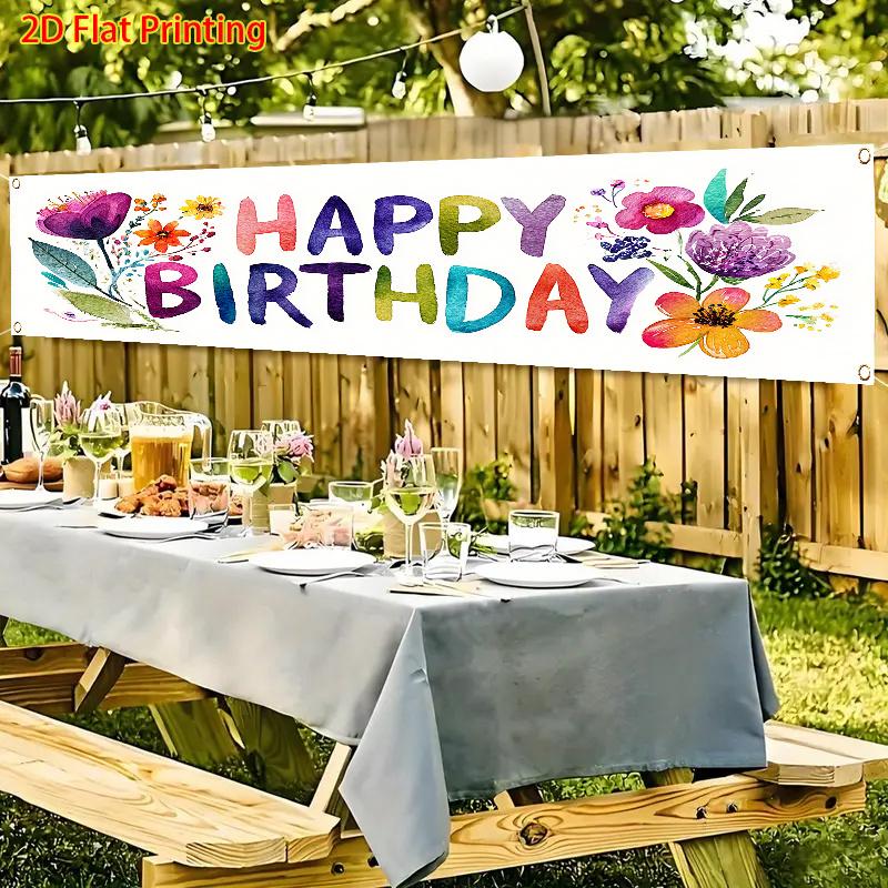 Happy Birthday Banner, Flowers & Happy Birthday Letter Design, Polyester Outdoor Lawn Wall Holiday Party Decoration