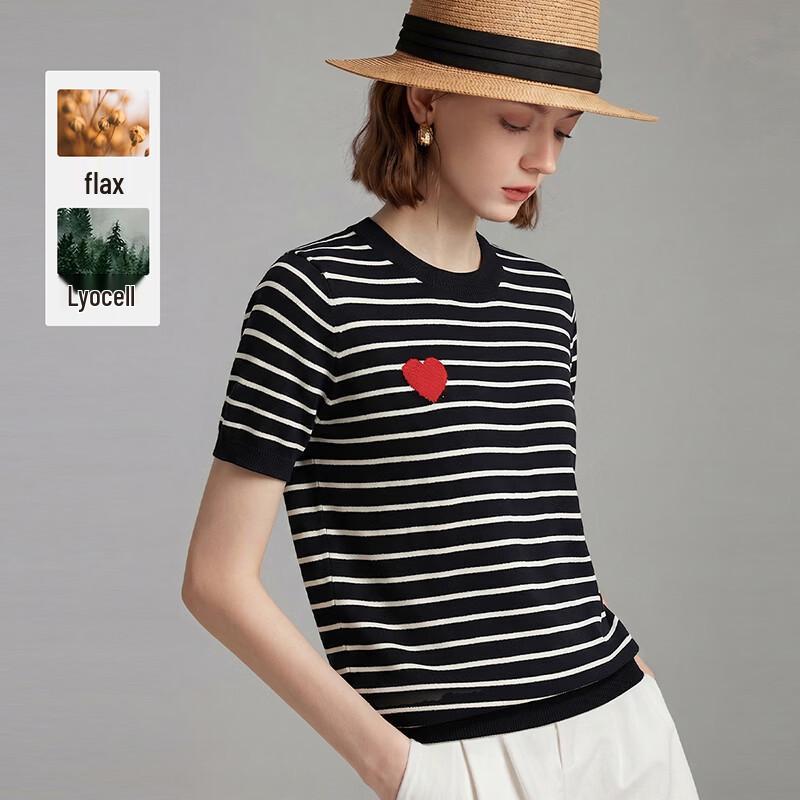 Wudao Women s Old Money Style Heart Embroidery Striped T-shirt M
