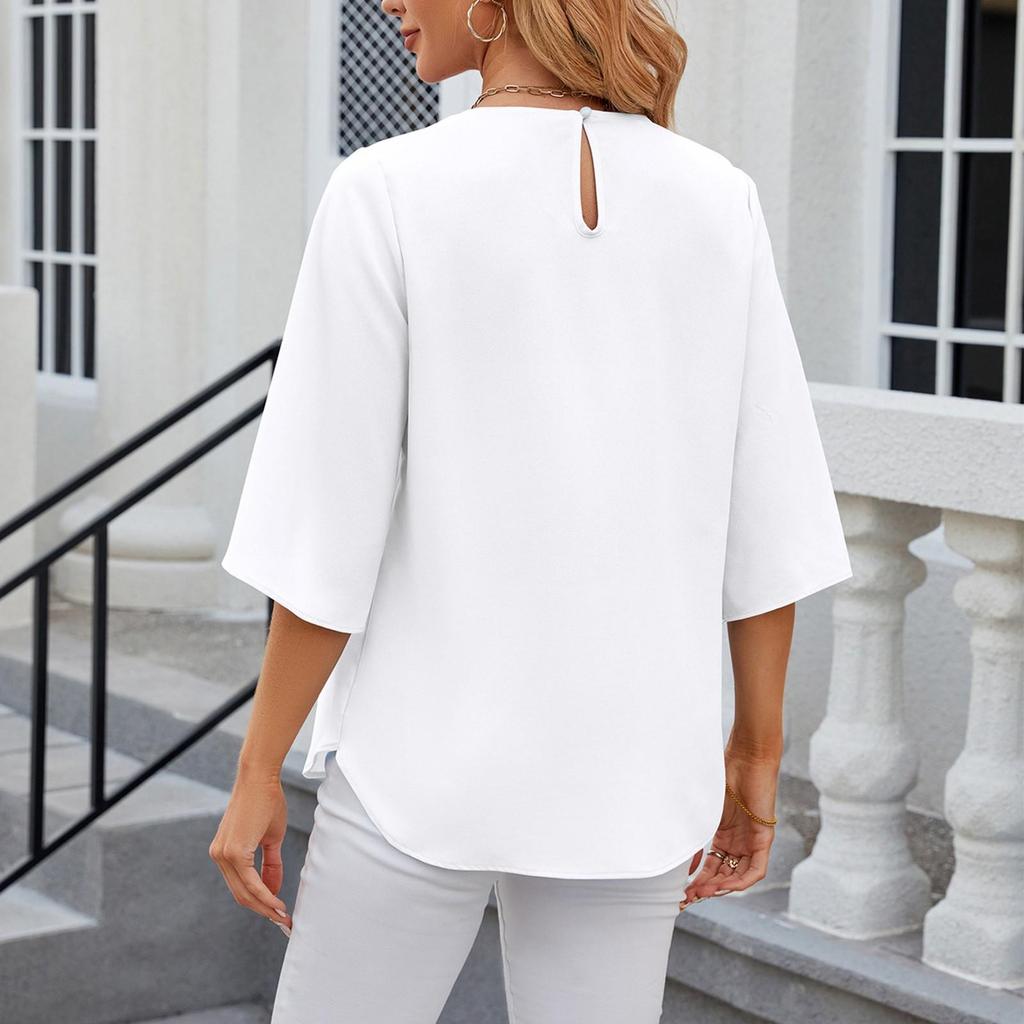 Blouse ample en mousseline unie à manches courtes et col rond pour femme